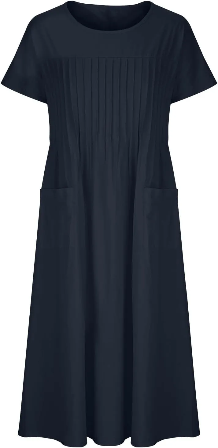 Summer Dresses for Women Cotton Linen Casual Trendy Pleated Midi Dress Loose Short Sleeve Beach Dress with Pockets