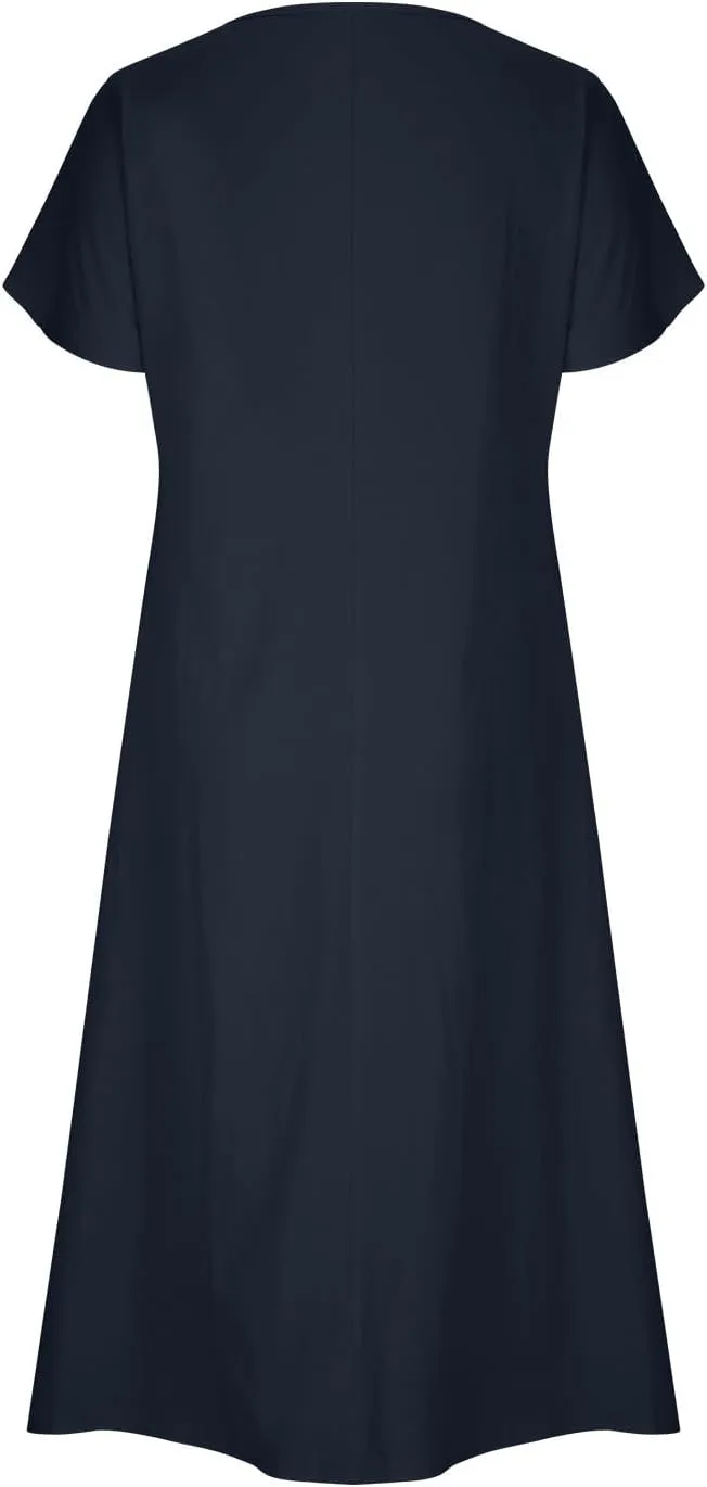 Summer Dresses for Women Cotton Linen Casual Trendy Pleated Midi Dress Loose Short Sleeve Beach Dress with Pockets