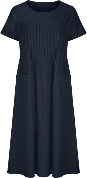 Summer Dresses for Women Cotton Linen Casual Trendy Pleated Midi Dress Loose Short Sleeve Beach Dress with Pockets