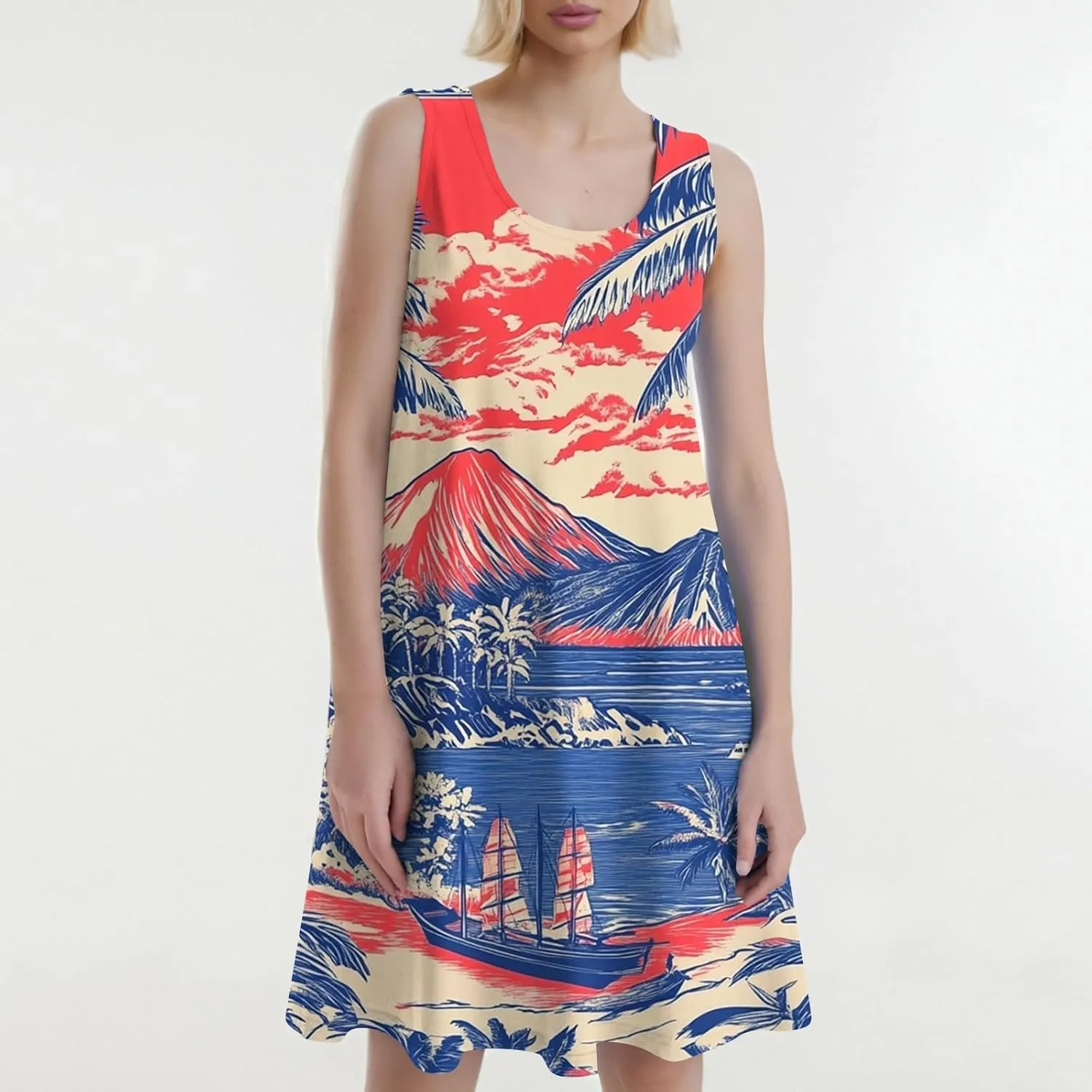 Summer Dresses for Women Hawaiian Casual Trendy Patterned Boho Sleeveless Pockets A-Line Beach Mini Tank Sundress