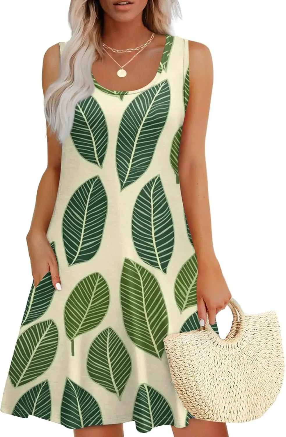 Summer Dresses for Women Hawaiian Casual Trendy Patterned Boho Sleeveless Pockets A-Line Beach Mini Tank Sundress