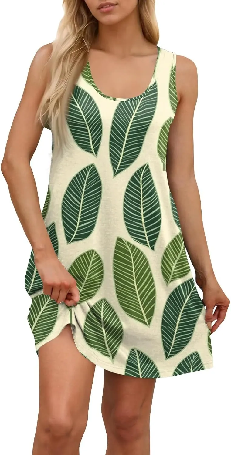 Summer Dresses for Women Hawaiian Casual Trendy Patterned Boho Sleeveless Pockets A-Line Beach Mini Tank Sundress