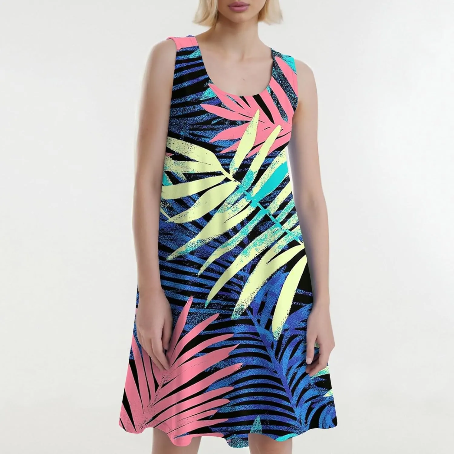 Summer Dresses for Women Hawaiian Casual Trendy Patterned Boho Sleeveless Pockets A-Line Beach Mini Tank Sundress