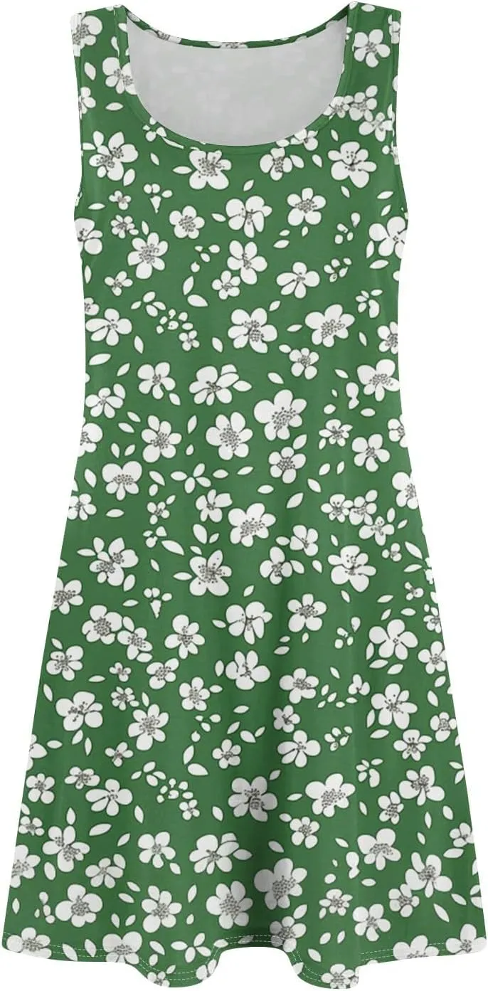 Summer Mini Dresses for Women Casual Trendy Stripes Floral Graphic Sleeveless A-Line Pockets Beach Tank Sundress