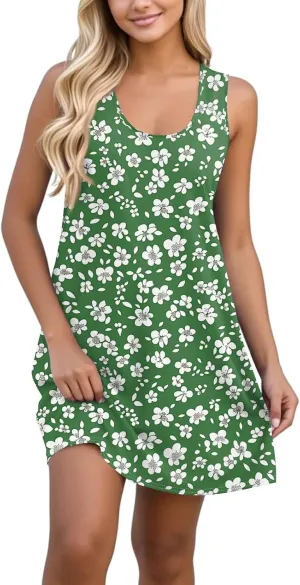 Summer Mini Dresses for Women Casual Trendy Stripes Floral Graphic Sleeveless A-Line Pockets Beach Tank Sundress