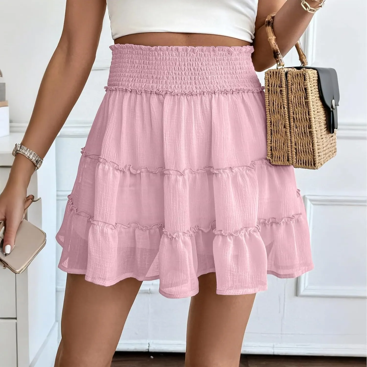 Summer Skirts for Women 2025 Cute High Waisted Tiered Ruffle Short Skirt Flowy Beach Chiffon Mini Skirts with Shorts