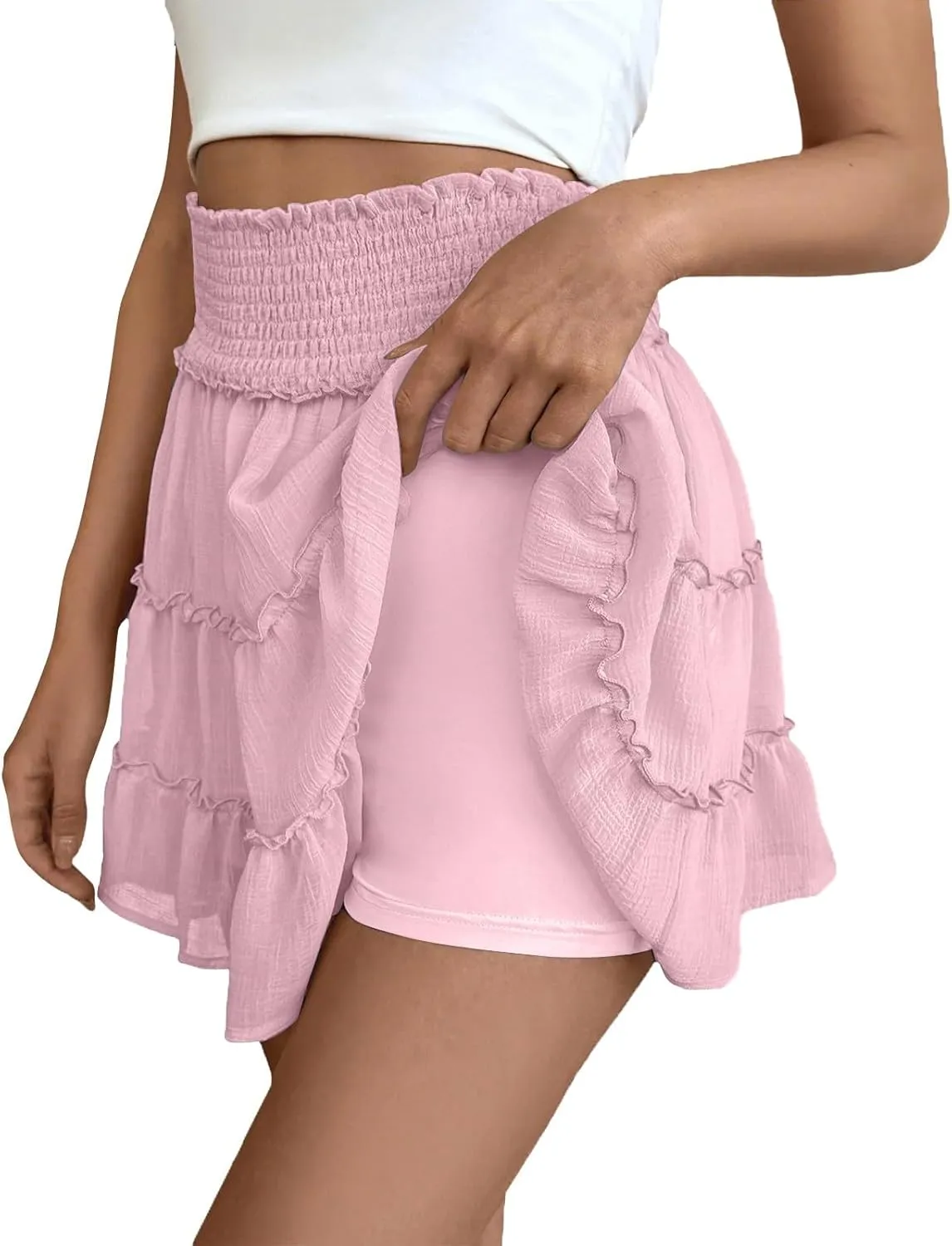 Summer Skirts for Women 2025 Cute High Waisted Tiered Ruffle Short Skirt Flowy Beach Chiffon Mini Skirts with Shorts