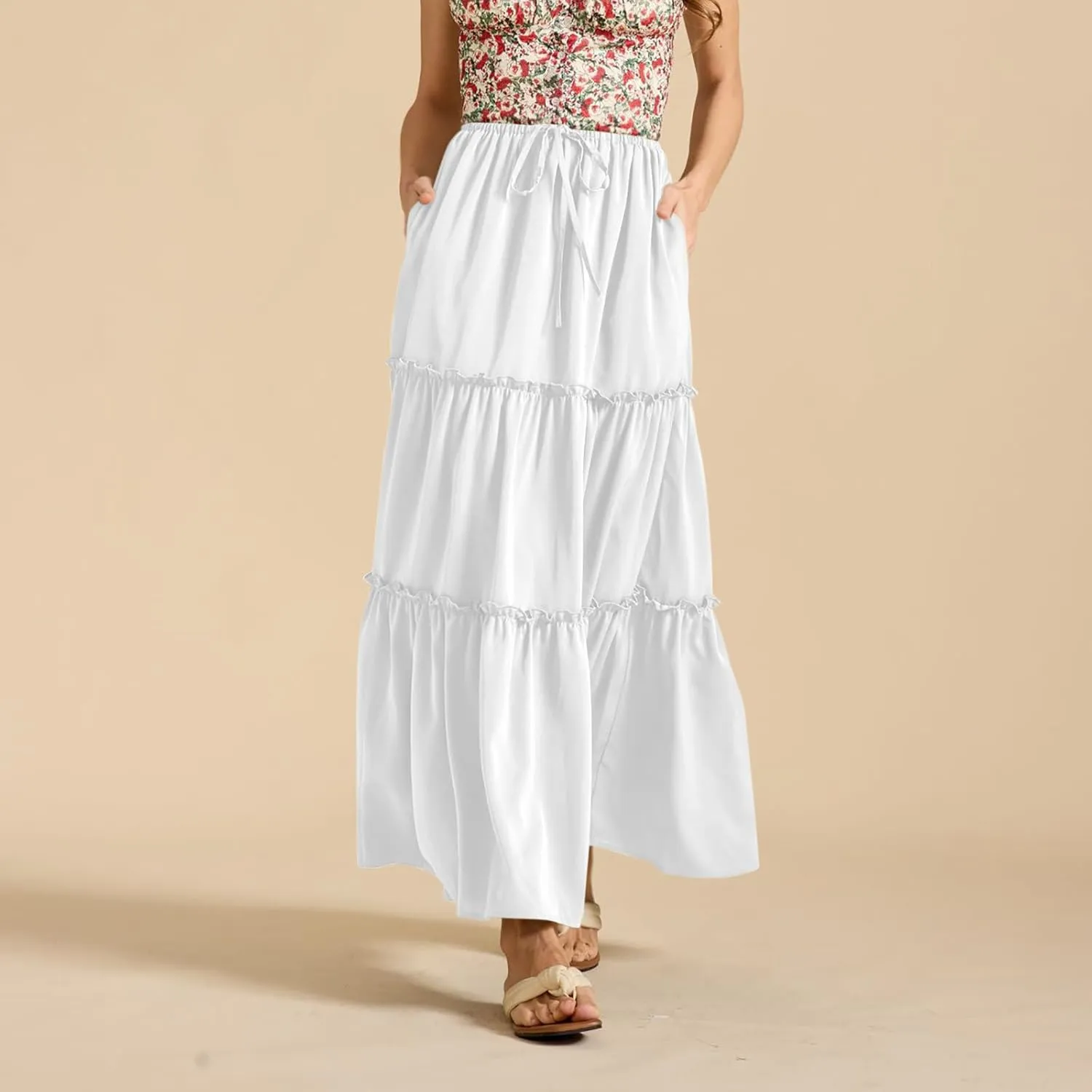 Summer Skirts for Women Elegant Smocked Layered Tiered Maxi Skirt Flowy High Waisted A Line Long Dress