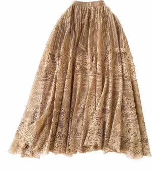 Summer Women Loose Casual Vintage Print A-Line Skirt White Cotton Linen Mid-Calf Skirts Lace Mesh Midi Half Dress