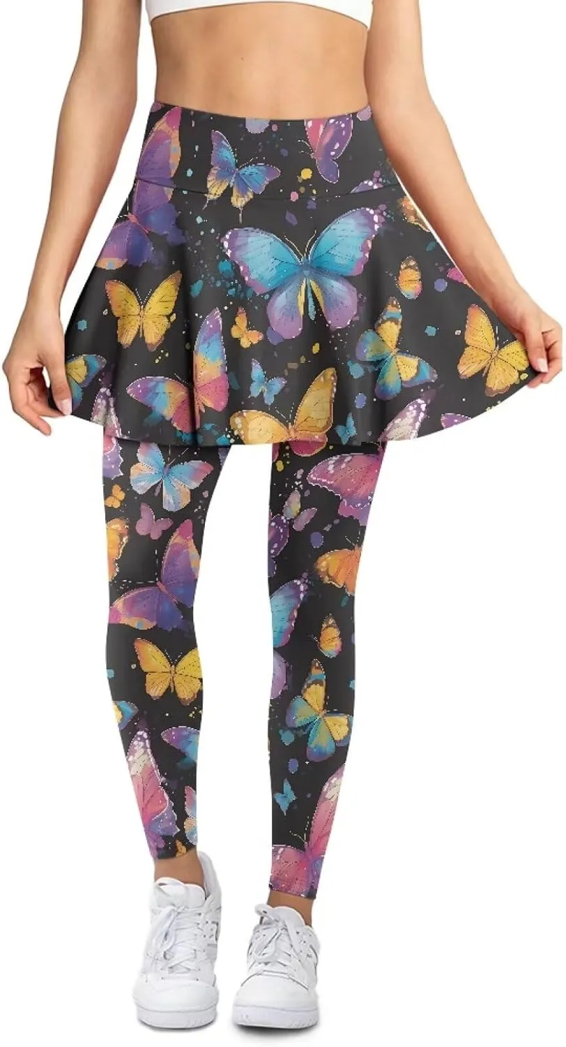 Sunflower Summer Gym Workout Outfits Leggings, Skull Yoga Running Casual Golf Tennis Legging High Waisted Skirts
