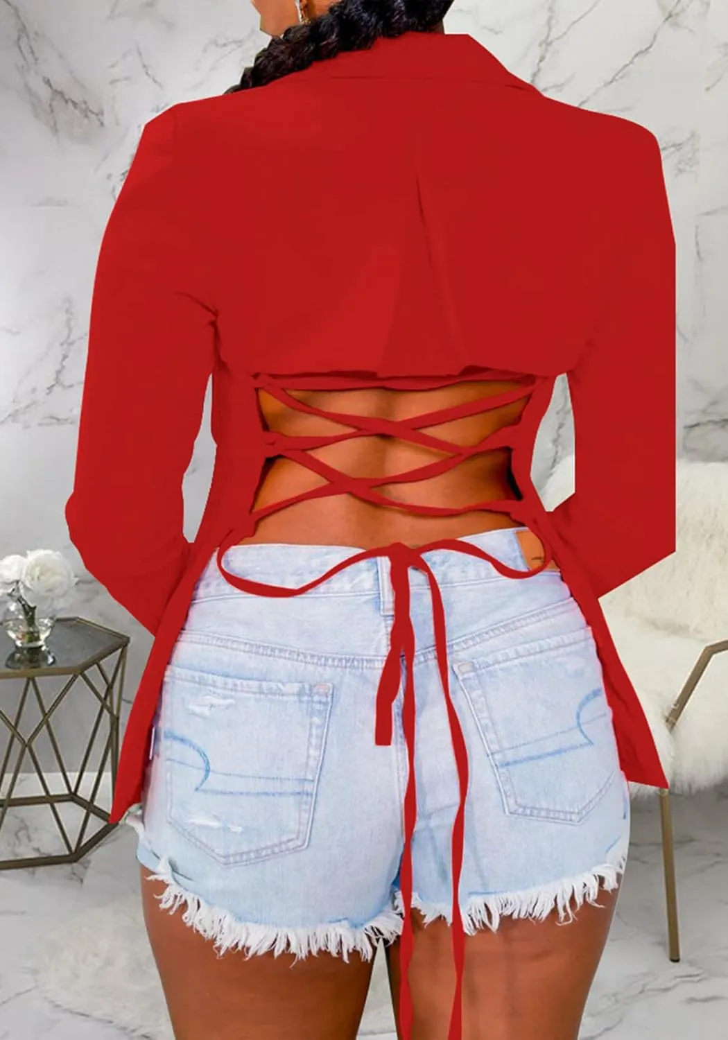 Tcremisa Women's 2024 Casual Lace Up Blazers Long Sleeve Open Front Backless Work Office Business Blazer Jackets