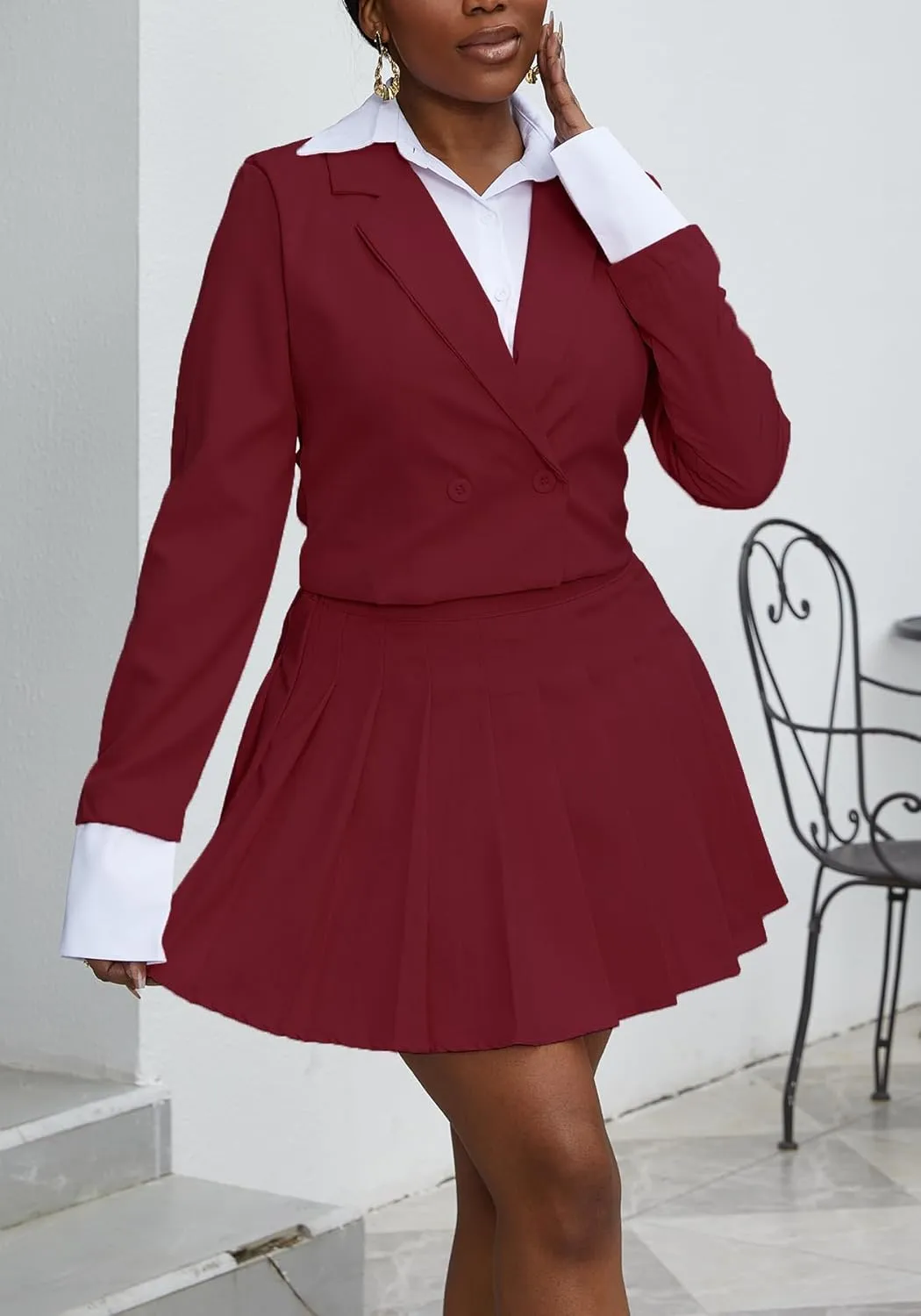 Tcremisa Womens Casual 2 Piece Business Outfits Office Cropped Blazer Jacket and Pleated Mini Skirt Suits Set