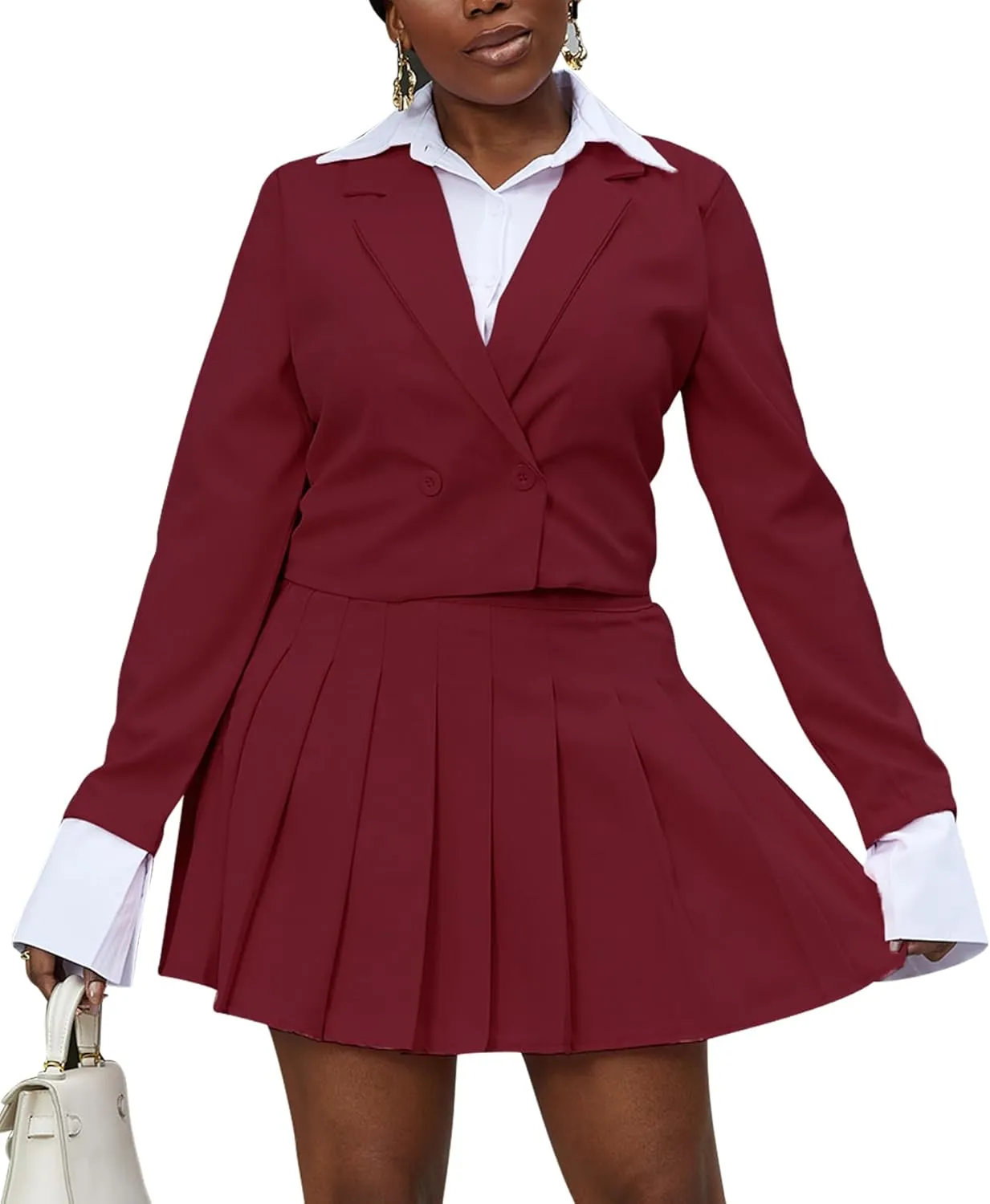 Tcremisa Womens Casual 2 Piece Business Outfits Office Cropped Blazer Jacket and Pleated Mini Skirt Suits Set