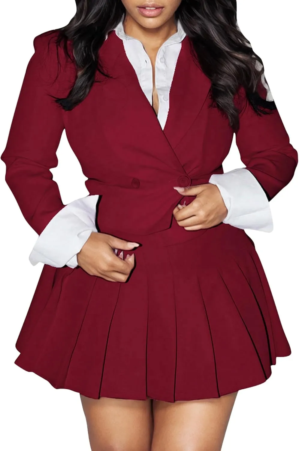 Tcremisa Womens Casual 2 Piece Business Outfits Office Cropped Blazer Jacket and Pleated Mini Skirt Suits Set