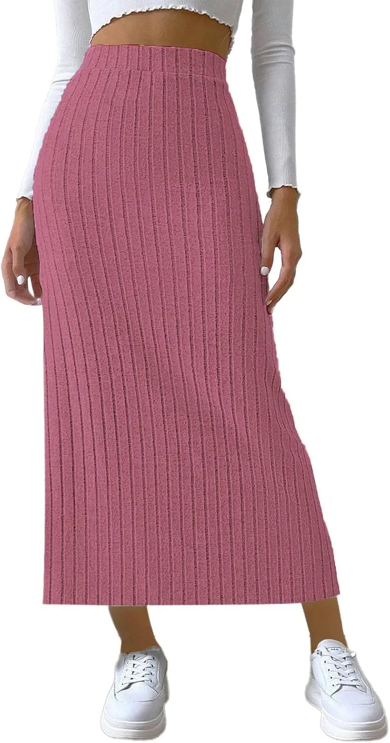 Texture Maxi Skorts for Women Ribbed Knitted Stretch Bodycon High Waist Pencil Skirts Casual Solid Side Split Skirt