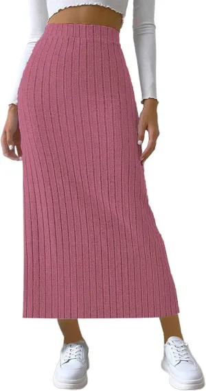 Texture Maxi Skorts for Women Ribbed Knitted Stretch Bodycon High Waist Pencil Skirts Casual Solid Side Split Skirt