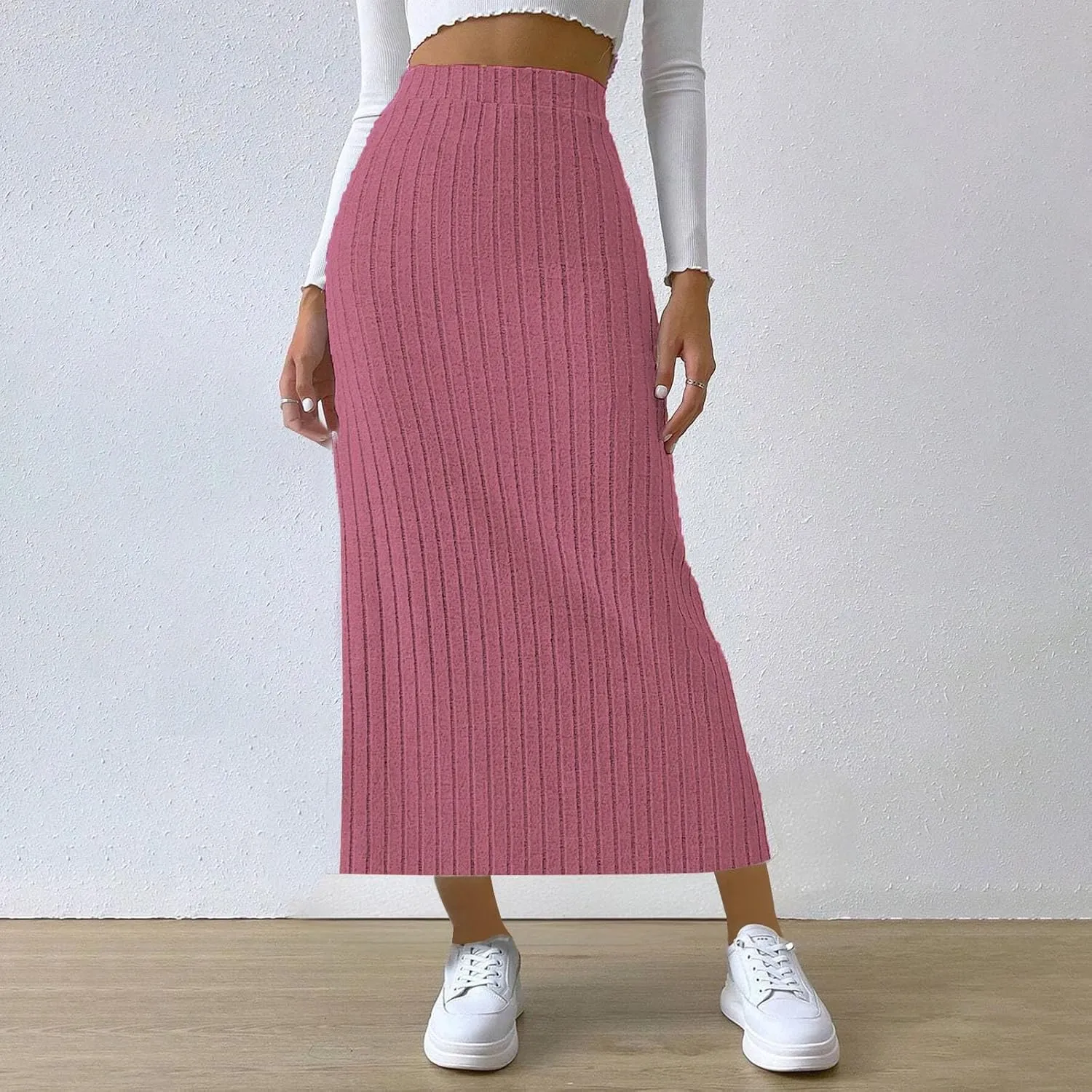 Texture Maxi Skorts for Women Ribbed Knitted Stretch Bodycon High Waist Pencil Skirts Casual Solid Side Split Skirt