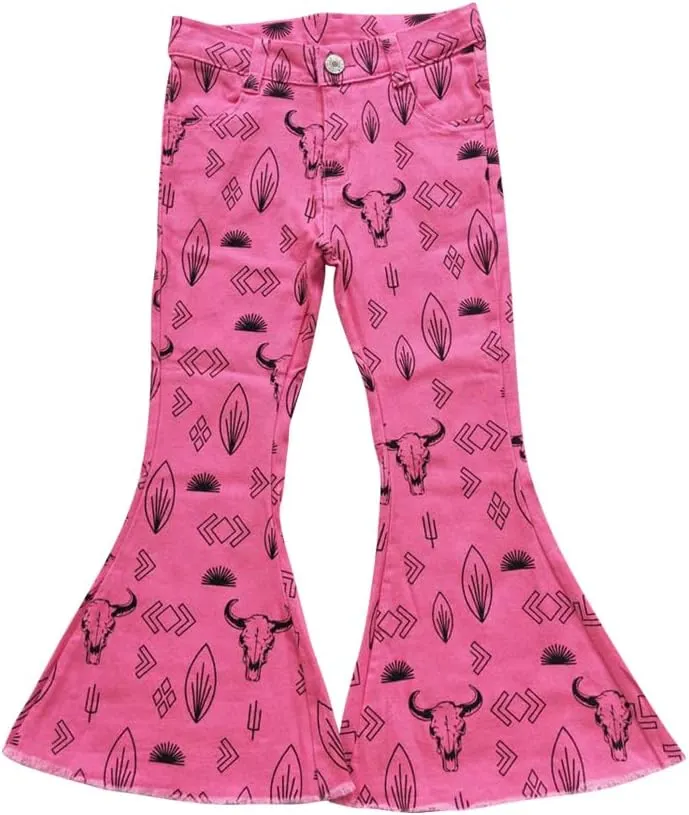 Todder Western Western Geometry hot Pink Cow Kids Jeans Girl Jeans Bell Bottom Pants