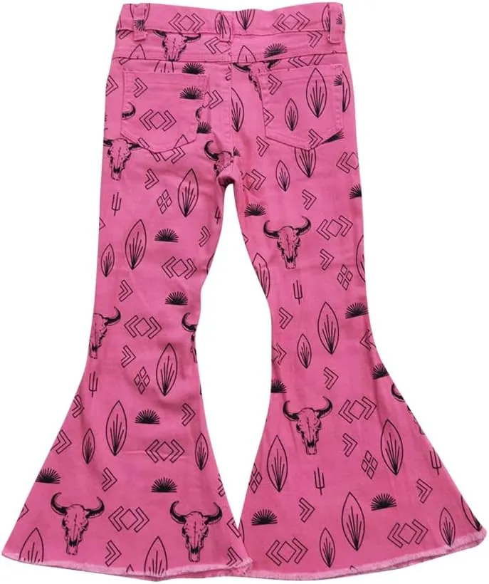 Todder Western Western Geometry hot Pink Cow Kids Jeans Girl Jeans Bell Bottom Pants