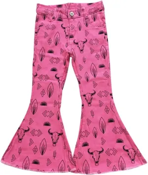 Todder Western Western Geometry hot Pink Cow Kids Jeans Girl Jeans Bell Bottom Pants