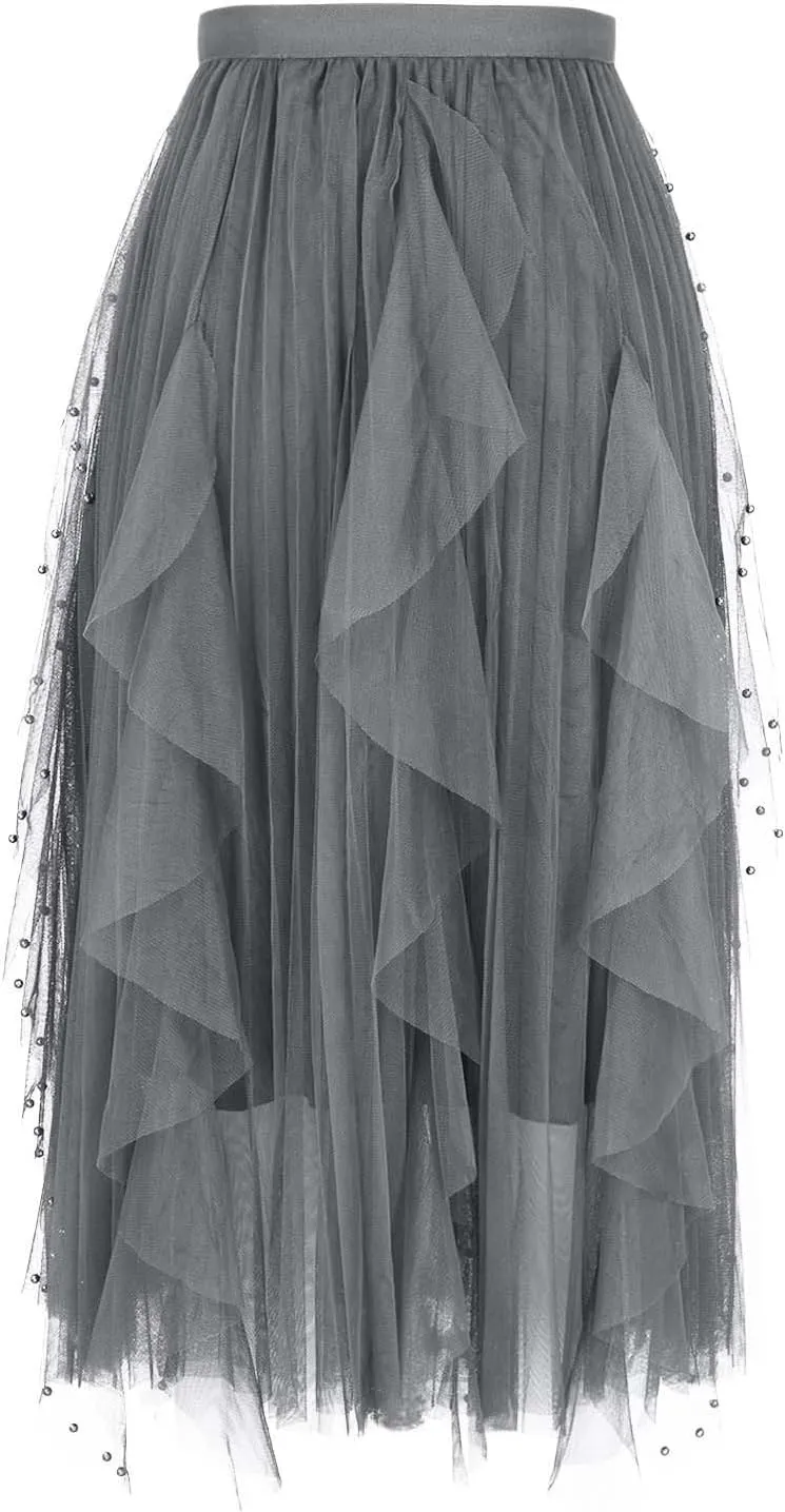 Tulle Skirts for Women Fashion A-Line Fairy Elastic Waist Midi Skirts Mesh Solid Color Flowy Half Dress Plus Size