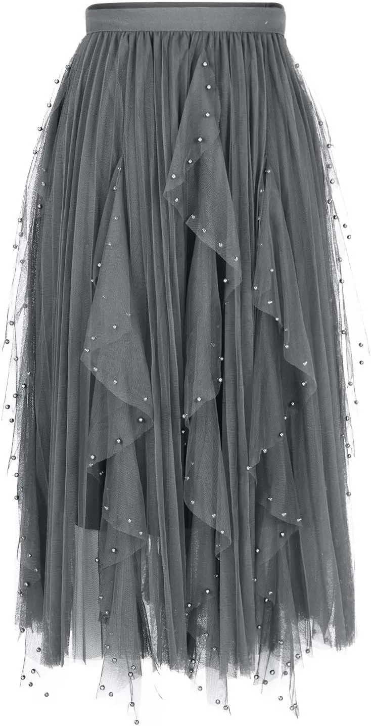 Tulle Skirts for Women Fashion A-Line Fairy Elastic Waist Midi Skirts Mesh Solid Color Flowy Half Dress Plus Size