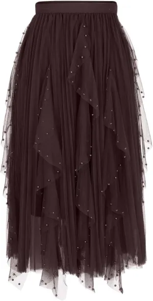 Tulle Skirts for Women Solid Color Flowy Midi Skirt Irregular Hem Mesh Layered High Elastic Waist A-line Swing Skirts