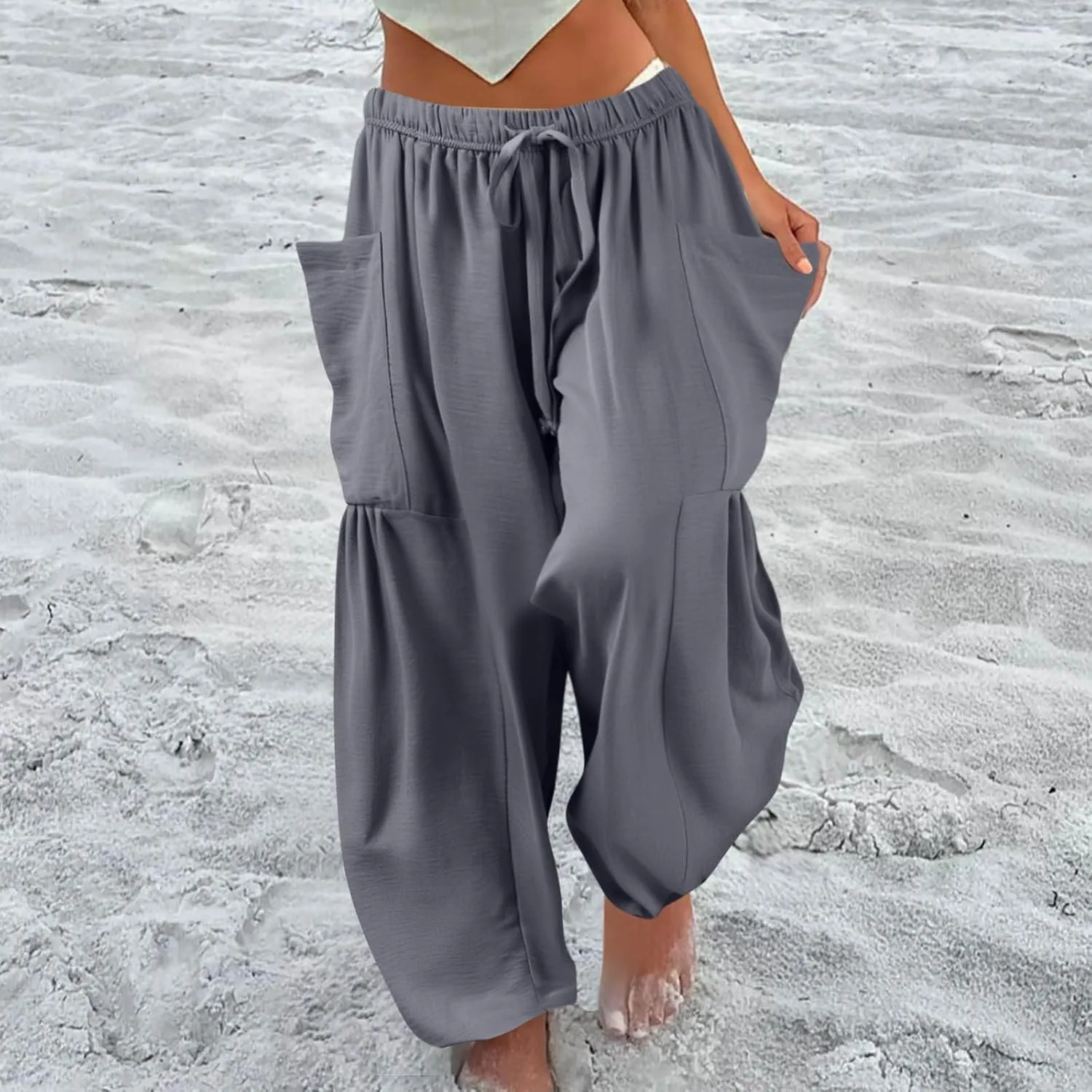 TWGONE Women's Palazzo Pants Wide Leg Loose High Waist Flowy Lounge Pants Beach Drawstring Slacks with Pockets