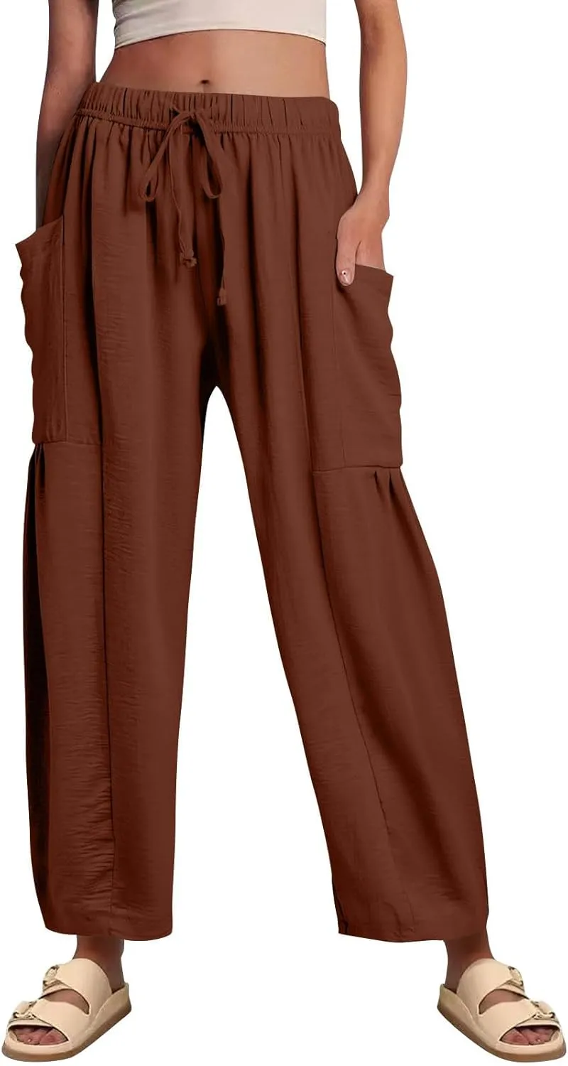 TWGONE Women's Palazzo Pants Wide Leg Loose High Waist Flowy Lounge Pants Beach Drawstring Slacks with Pockets