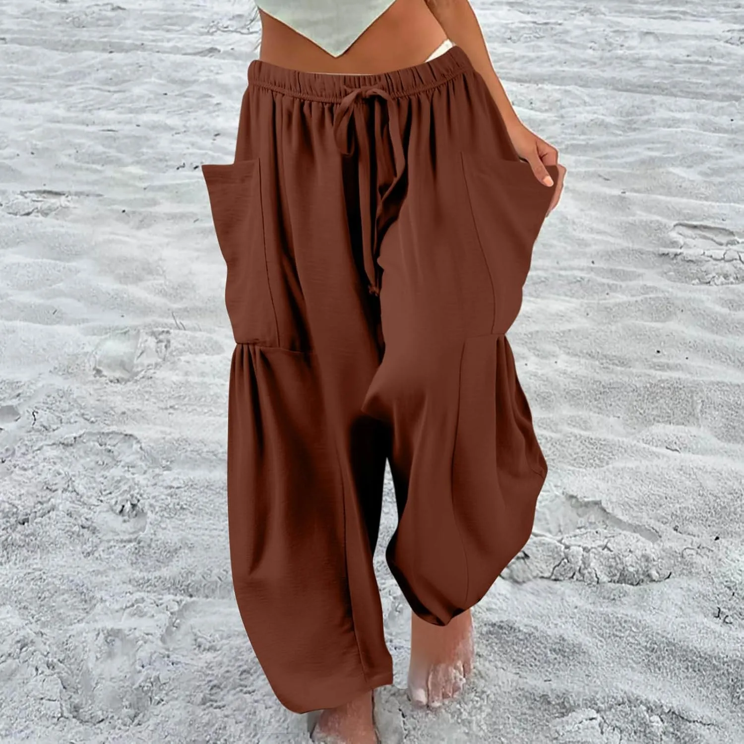 TWGONE Women's Palazzo Pants Wide Leg Loose High Waist Flowy Lounge Pants Beach Drawstring Slacks with Pockets