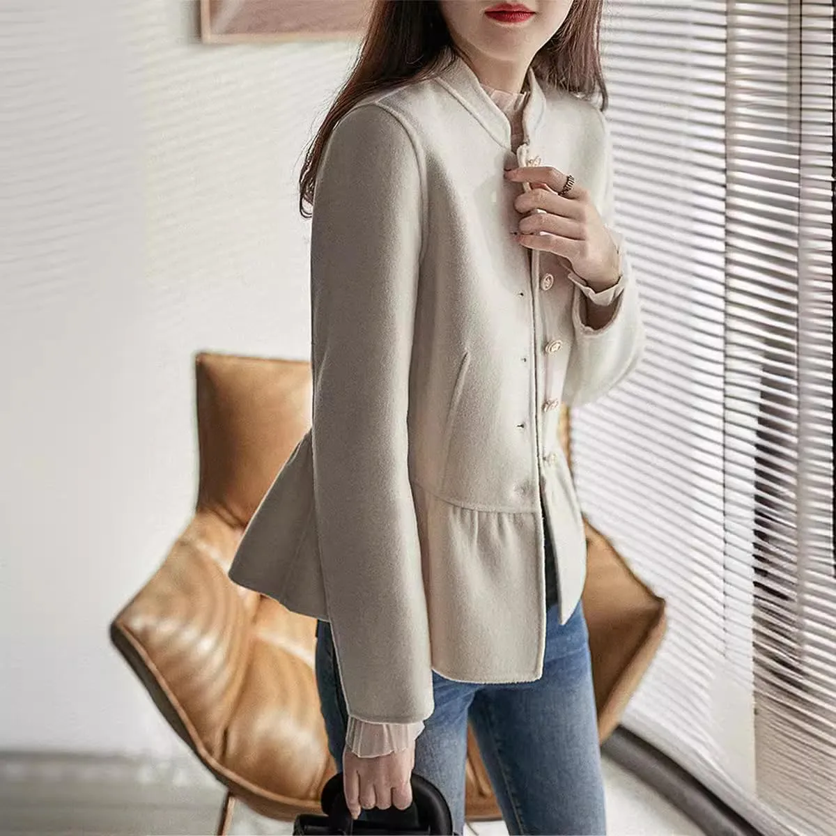 utcoco Womens 2024 Fall Slim Fit Cropped Blazers Single Breasted Wool Coats Casual Peplum Jackets Tops
