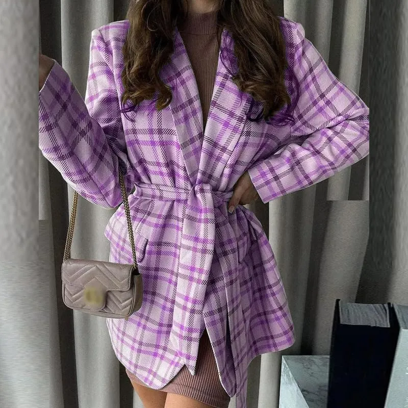 utcoco Womens Casual Belted Plaid Blazers Open Front Long Sleeve Work Office Suit Jackets Blazer