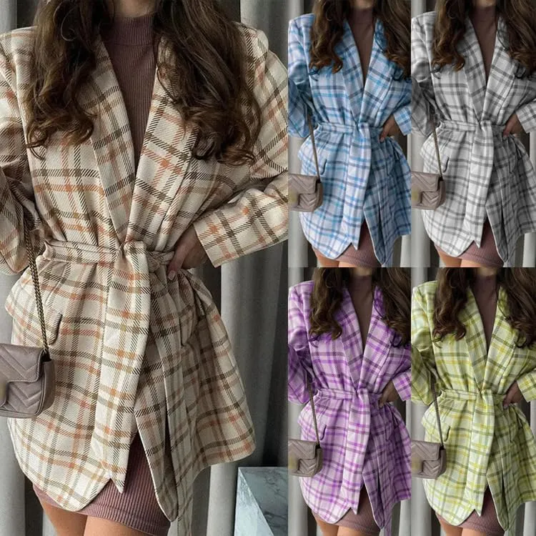 utcoco Womens Casual Belted Plaid Blazers Open Front Long Sleeve Work Office Suit Jackets Blazer