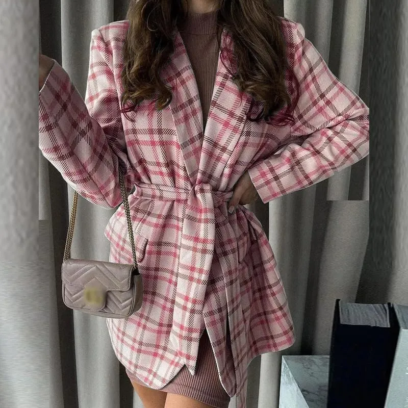 utcoco Womens Casual Belted Plaid Blazers Open Front Long Sleeve Work Office Suit Jackets Blazer