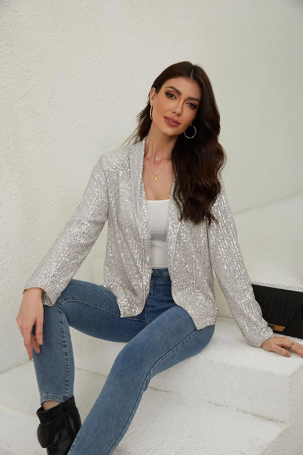 utcoco Womens Sequin Blazer Casual Long Sleeve Open Front Sparkle Blazer Jacket