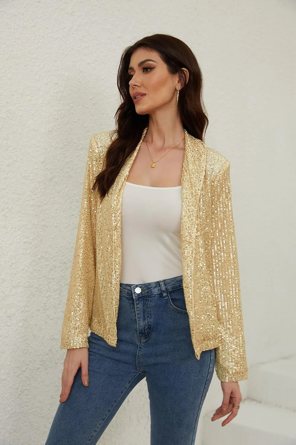 utcoco Womens Sequin Blazer Casual Long Sleeve Open Front Sparkle Blazer Jacket