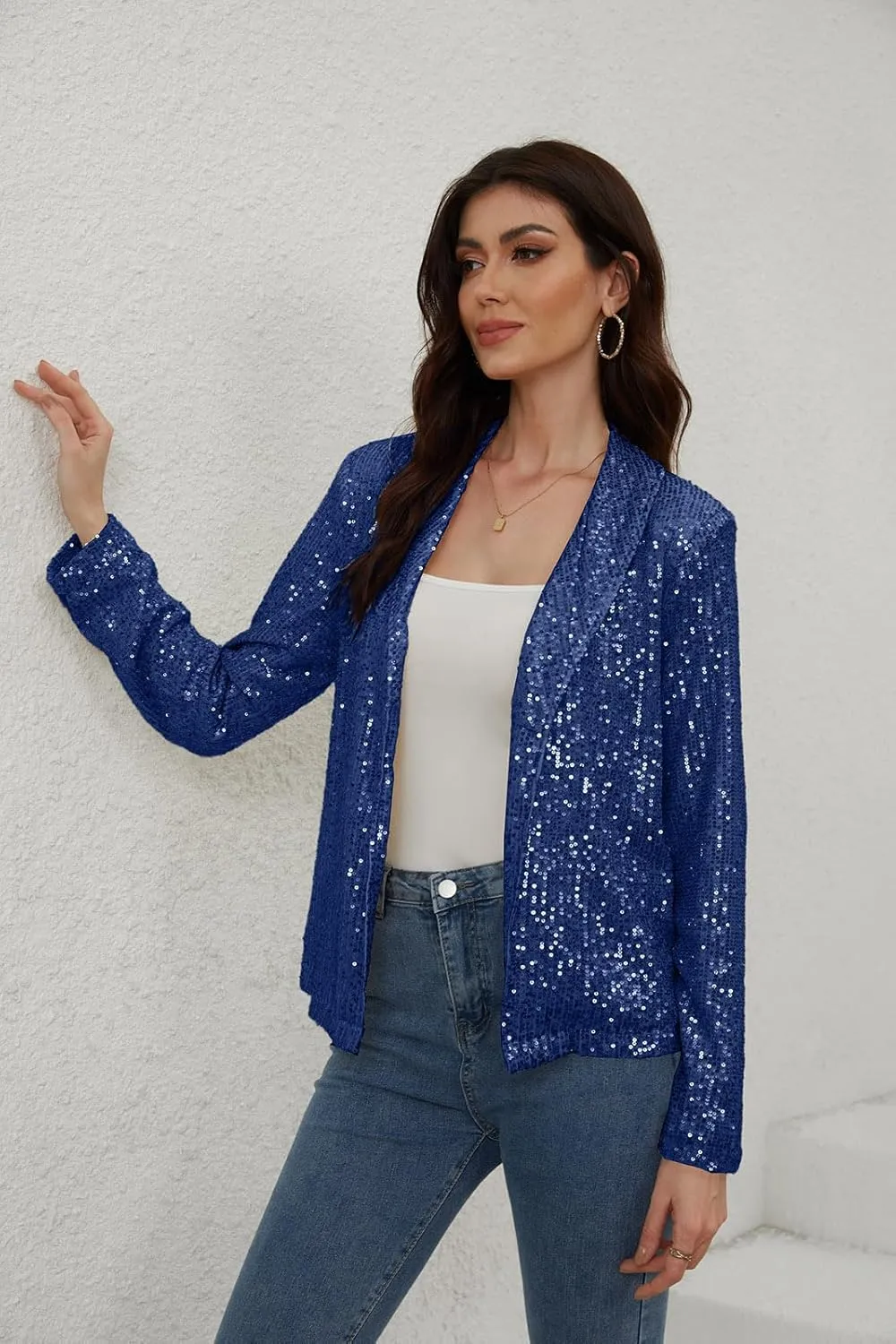 utcoco Womens Sequin Blazer Casual Long Sleeve Open Front Sparkle Blazer Jacket