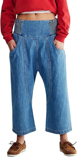 utcoco Womens Smocked Mid Rise Barrel Jeans Y2k Vintage Baggy Wide Leg Jeans Cropped Denim Harem Pants