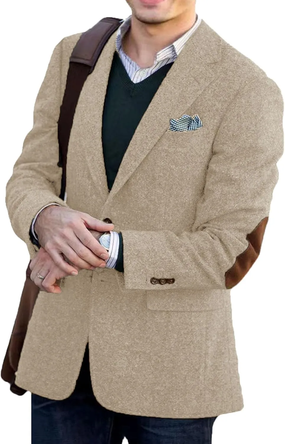 VENNYNG Brown Men's Tweed Blazer Suit Jacket with Elbow Patches Single Breasted Male Short Vintage Trench Coat