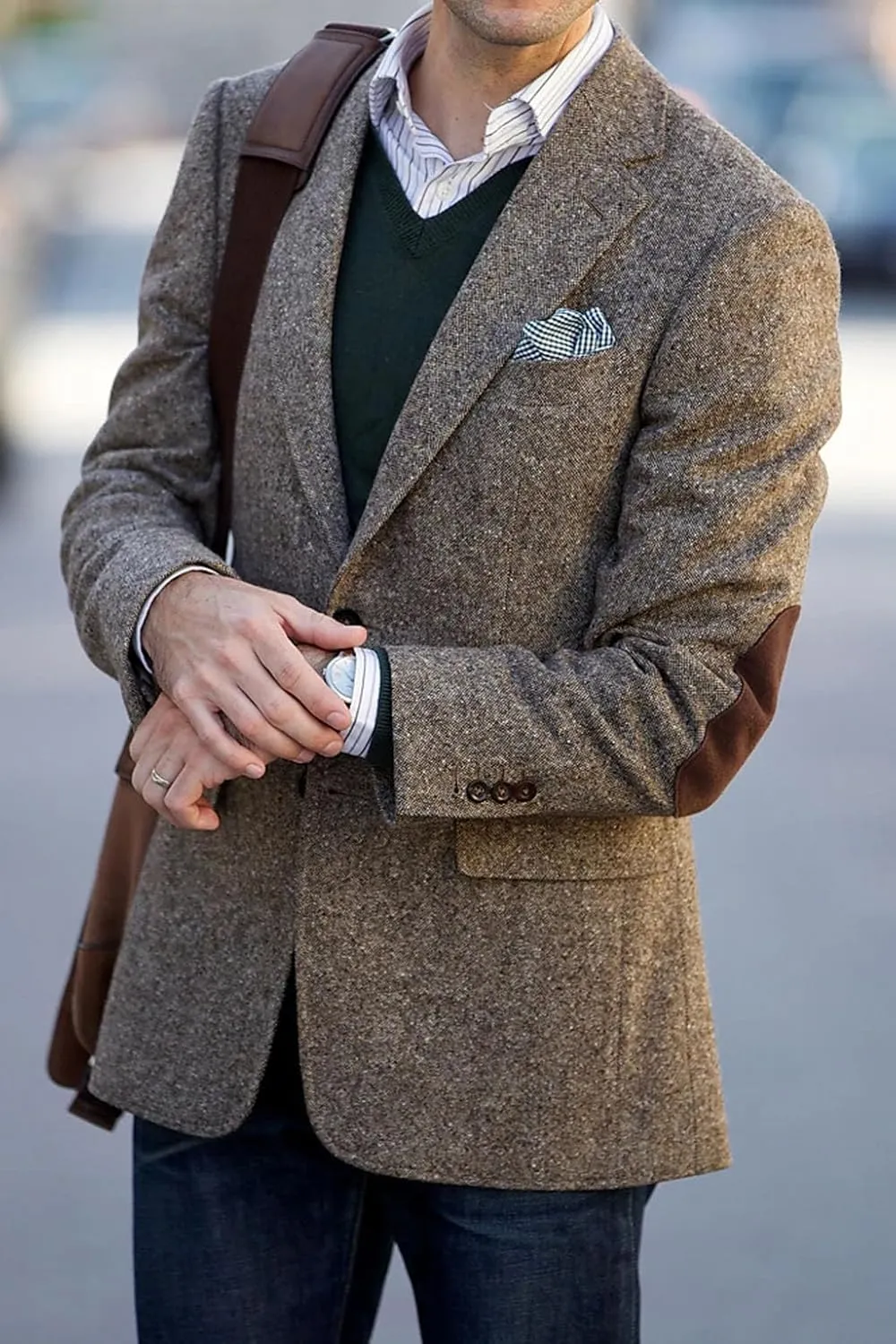 VENNYNG Brown Men's Tweed Blazer Suit Jacket with Elbow Patches Single Breasted Male Short Vintage Trench Coat