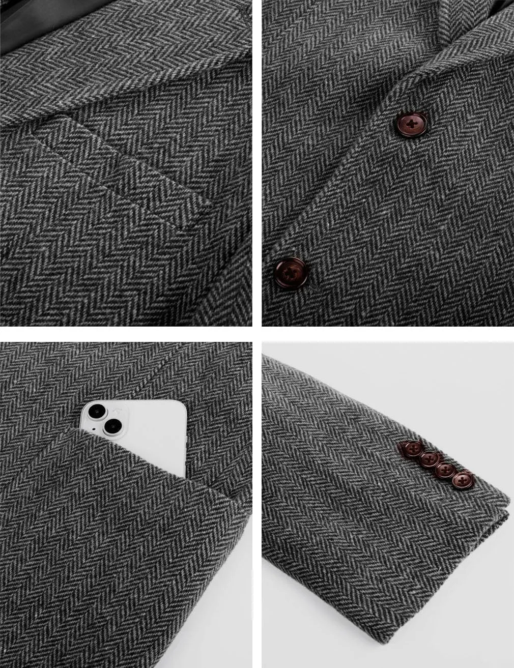 VENNYNG Brown Men's Tweed Blazer Suit Jacket with Elbow Patches Single Breasted Male Short Vintage Trench Coat