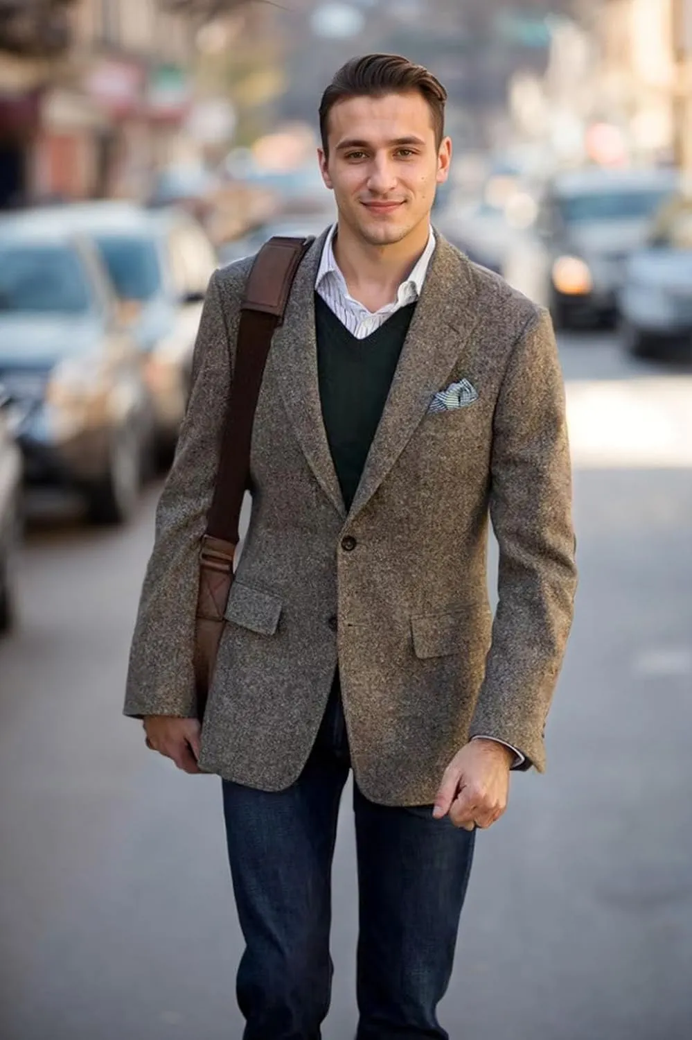 VENNYNG Brown Men's Tweed Blazer Suit Jacket with Elbow Patches Single Breasted Male Short Vintage Trench Coat