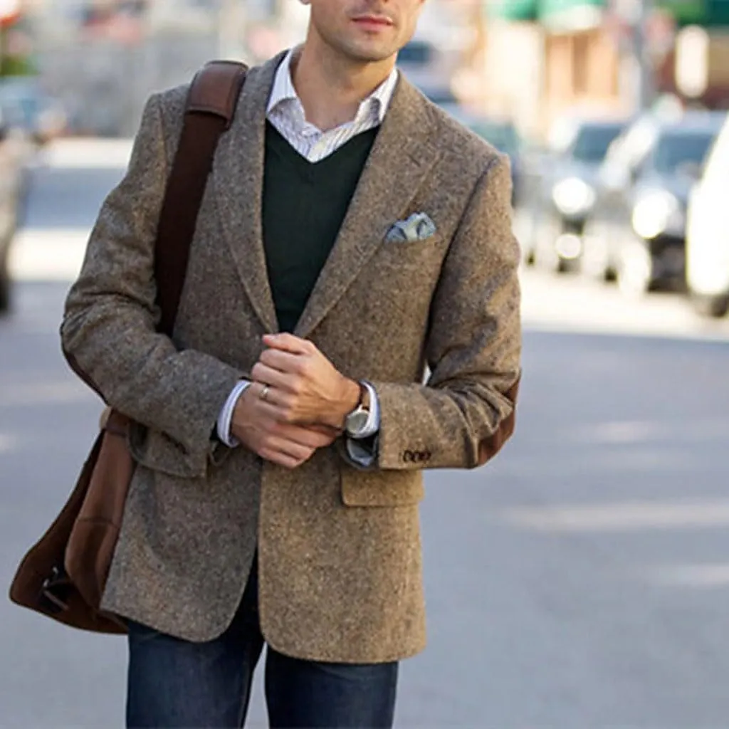 VENNYNG Brown Men's Tweed Blazer Suit Jacket with Elbow Patches Single Breasted Male Short Vintage Trench Coat