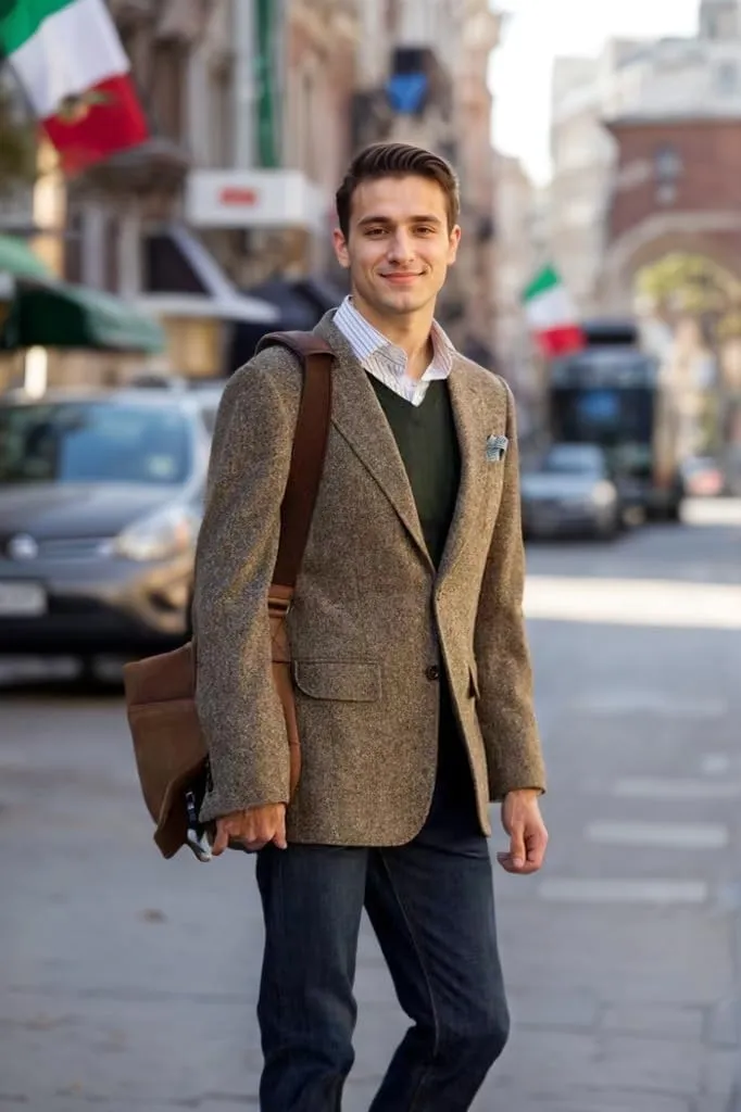 VENNYNG Brown Men's Tweed Blazer Suit Jacket with Elbow Patches Single Breasted Male Short Vintage Trench Coat