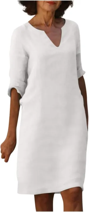 Vestidos De Verano para Mujer 2023,Midi Dresses for Women Wedding Guets Summer 2023 Casual Cotton Linen Dress Womens Fashion Orders My Plus Size 3/4 Sleeve V Neck Y2k Warp Dress(D4 White,X-Large)