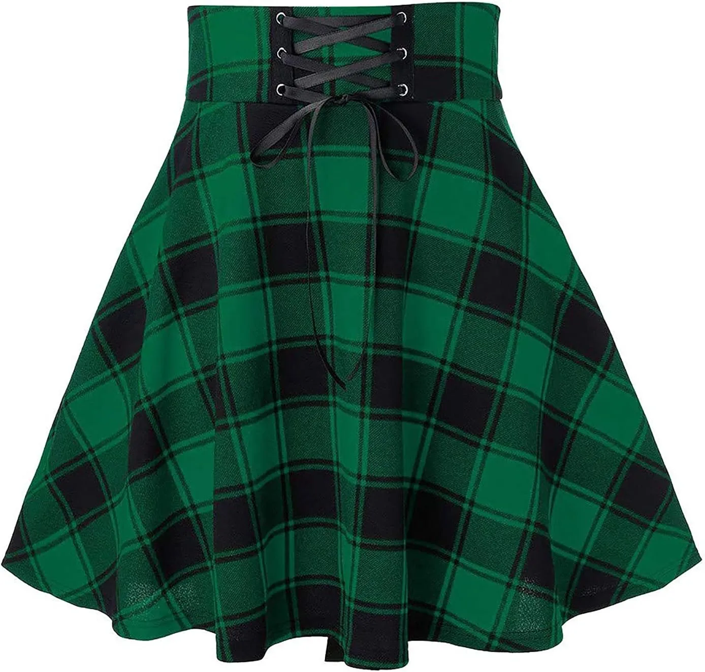 Vintage Gothic Plaid Mini Skirts for Women Lace-Up High Waist Flowy Skater Skirts Summer Casual Pleated Flare Skirt