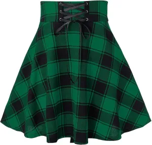 Vintage Gothic Plaid Mini Skirts for Women Lace-Up High Waist Flowy Skater Skirts Summer Casual Pleated Flare Skirt