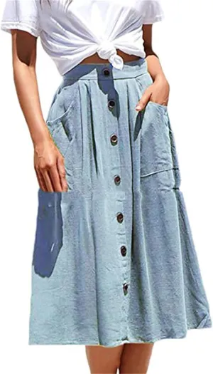 VIVICOLOR Womens Linen Button Midi Skirt Ladies Linen Pleated A-Line Skirt High Waist Button Skirt with Pockets