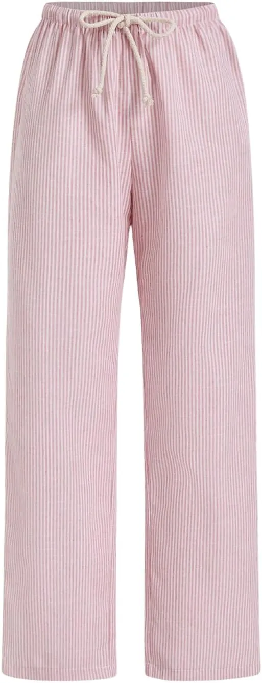 WDIRARA Women's Drawstring Striped Pants Loose Trousers High Waist Straight Pants