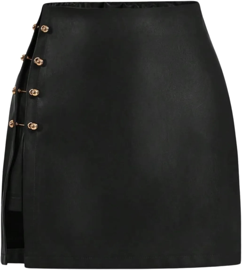 WDIRARA Women's Side Slit Metallic Trim High Waisted Faux Leather Short Skirts